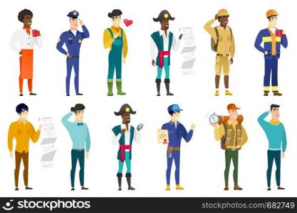 Caucasian confident police officer saluting. Happy police officer in uniform with gun holster standing at attention and saluting. Set of vector flat design illustrations isolated on white background.. Vector set of professions characters.