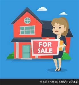 Caucasian confident realtor offering the house. Young female realtor with placard for sale and documents in hands standing on a background of house. Vector flat design illustration. Square layout.. Young female realtor offering house.