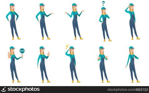 Caucasian confused mechanic with spread arms. Young confused mechanic with spread arms. Confused mechanic shrugging shoulders. Set of vector flat design illustrations isolated on white background.. Vector set of mechanic characters.
