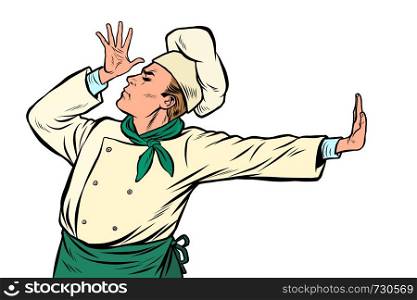Caucasian cook chef, gesture of shame. denial no. Pop art retro vector Illustrator vintage kitsch drawing. Caucasian cook chef, gesture of shame. denial no