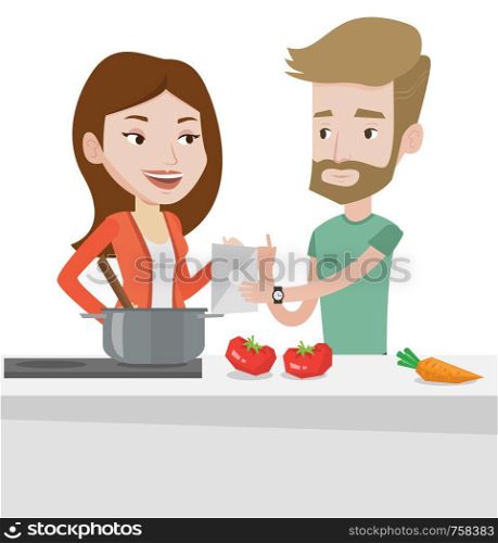 Caucasian couple following recipe for healthy vegetable meal on digital tablet. Couple cooking healthy meal. Couple cooking together. Vector flat design illustration isolated on white background.. Couple cooking healthy vegetable meal.