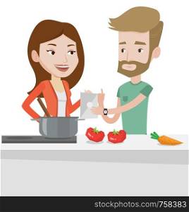 Caucasian couple following recipe for healthy vegetable meal on digital tablet. Couple cooking healthy meal. Couple cooking together. Vector flat design illustration isolated on white background.. Couple cooking healthy vegetable meal.
