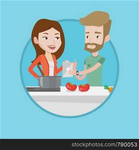 Caucasian couple following recipe for vegetable meal on digital tablet. Couple cooking healthy meal. Couple cooking together. Vector flat design illustration in the circle isolated on background.. Couple cooking healthy vegetable meal.