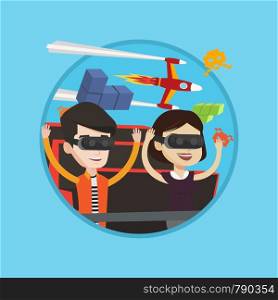 Caucasian couple in virtual reality headset riding on roller coaster. Couple in vr glasses having fun at virtual amusement park. Vector flat design illustration in the circle isolated on background. Couple in vr headset riding on roller coaster.