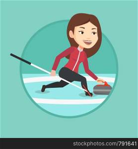 Caucasian curling player with stone and broom on a rink. Curling player delivering a stone. Curling player sliding over the ice. Vector flat design illustration in the circle isolated on background.. Curling player playing on the rink.