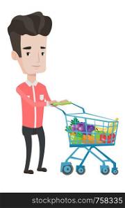 Caucasian customer pushing a supermarket trolley with healthy food. Male customer shopping with trolley. Customer buying healthy food. Vector flat design illustration isolated on white background.. Customer with shopping cart vector illustration.