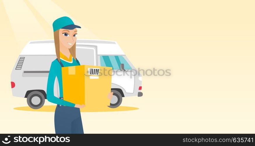 Caucasian delivery courier holding box on the background of truck. Delivery courier carrying cardboard box. Delivery courier with box in hands. Vector flat design illustration. Horizontal layout.. Delivery courier carrying cardboard boxes.