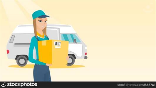 Caucasian delivery courier holding box on the background of truck. Delivery courier carrying cardboard box. Delivery courier with box in hands. Vector flat design illustration. Horizontal layout.. Delivery courier carrying cardboard boxes.