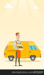 Caucasian delivery man holding a box of cakes. Baker delivering cakes. Young business man with cupcakes standing on the background of delivery truck. Vector flat design illustration. Vertical layout.. Baker delivering cakes vector illustration.