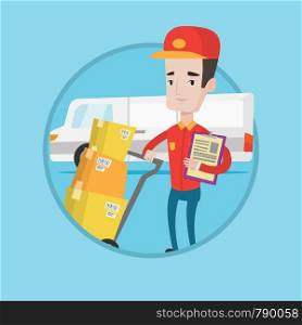 Caucasian delivery man with cardboard boxes on troley. Delivery man with clipboard. Courier standing in front of delivery van. Vector flat design illustration in the circle isolated on background. Delivery man with cardboard boxes.