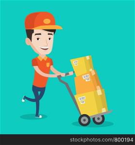 Caucasian delivery postman with cardboard boxes on trolley. Delivery postman pushing trolley with cardboard boxes. Delivery postman delivering parcels. Vector flat design illustration. Square layout.. Delivery postman with cardboard boxes on trolley.