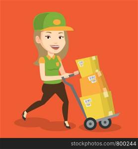 Caucasian delivery postman with cardboard boxes on trolley. Delivery postman pushing trolley with cardboard boxes. Delivery postman delivering parcels. Vector flat design illustration. Square layout.. Delivery postman with cardboard boxes on trolley.