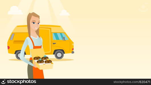 Caucasian delivery woman holding a box of cakes. Baker delivering cakes. Business woman with cupcakes standing on the background of delivery truck. Vector flat design illustration. Horizontal layout.. Baker delivering cakes vector illustration.