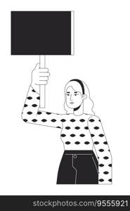 Caucasian demonstrator flat line black white vector character. Young woman. Justice voice. Editable outline half body person. Protest simple cartoon isolated spot illustration for web graphic design. Caucasian demonstrator flat line black white vector character