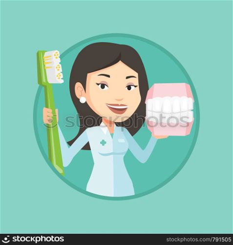 Caucasian dentist holding dental jaw model and a toothbrush in hands. Friendly dentist showing dental jaw model and toothbrush. Vector flat design illustration in the circle isolated on background.. Dentist with dental jaw model and toothbrush.