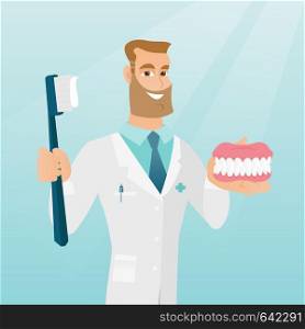 Caucasian dentist showing a dental jaw model and a toothbrush. Young dentist holding a dental jaw model and a toothbrush in hands. Dentistry concept. Vector flat design illustration. Square layout.. Dentist with a dental jaw model and a toothbrush.