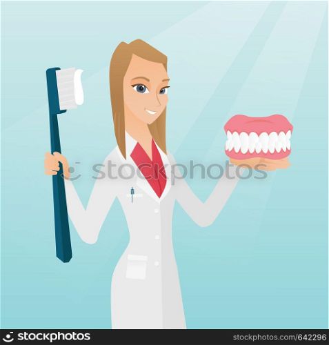Caucasian dentist showing a dental jaw model and a toothbrush. Young dentist holding a dental jaw model and a toothbrush in hands. Dentistry concept. Vector flat design illustration. Square layout.. Dentist with a dental jaw model and a toothbrush.