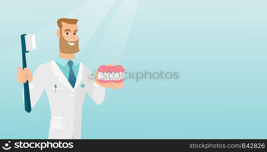 Caucasian dentist showing a dental jaw model and a toothbrush. Young dentist holding a dental jaw model and a toothbrush in hands. Dentistry concept. Vector flat design illustration. Horizontal layout. Dentist with a dental jaw model and a toothbrush.