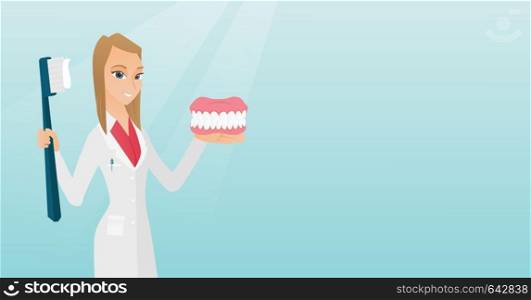 Caucasian dentist showing a dental jaw model and a toothbrush. Young dentist holding a dental jaw model and a toothbrush in hands. Dentistry concept. Vector flat design illustration. Horizontal layout. Dentist with a dental jaw model and a toothbrush.