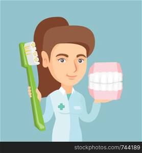 Caucasian dentist showing a dental jaw model and a toothbrush. Young dentist holding a dental jaw model and a toothbrush in hands. Dentistry concept. Vector cartoon illustration. Square layout.. Dentist with a dental jaw model and a toothbrush.