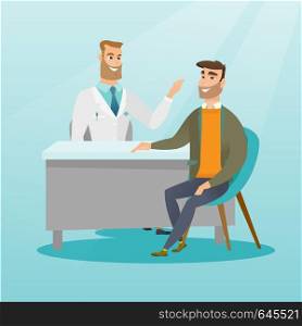 Caucasian doctor consulting a patient in the office. Doctor talking to a smiling patient. Doctor communicating with a patient about his state of health. Vector flat design illustration. Square layout.. Doctor consulting male patient in office.