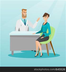 Caucasian doctor consulting a patient in the office. Doctor talking to a smiling patient. Doctor communicating with a patient about her state of health. Vector flat design illustration. Square layout.. Doctor consulting female patient in office.