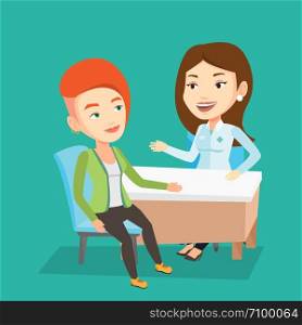 Caucasian doctor consulting female patient in office. Doctor talking to smiling patient. Doctor communicating with patient about her state of health. Vector flat design illustration. Square layout.. Doctor consulting female patient in office.