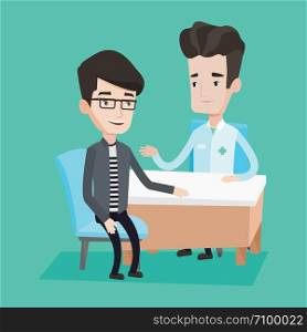 Caucasian doctor consulting male patient in office. Doctor talking to smiling male patient. Doctor communicating with patient about his state of health. Vector flat design illustration. Square layout.. Doctor consulting male patient in office.