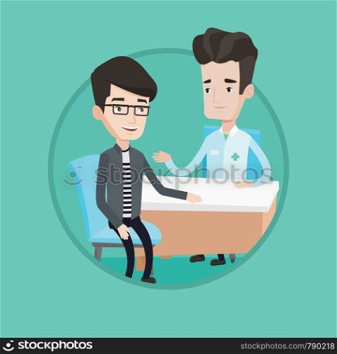 Caucasian doctor consulting patient. Doctor talking to patient. Doctor communicating with patient about his state of health. Vector flat design illustration in the circle isolated on background.. Doctor consulting male patient in office.