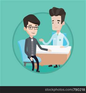Caucasian doctor consulting patient. Doctor talking to patient. Doctor communicating with patient about his state of health. Vector flat design illustration in the circle isolated on background.. Doctor consulting male patient in office.