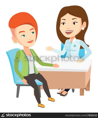 Caucasian doctor consulting patient in office. Doctor talking to patient. Doctor communicating with patient about her state of health. Vector flat design illustration isolated on white background.. Doctor consulting female patient in office.