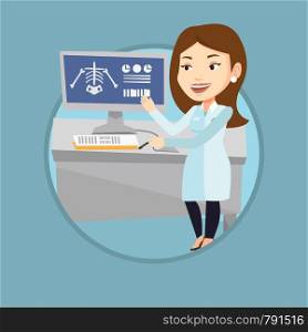 Caucasian doctor examining a radiograph. Doctor looking at radiograph on computer screen. Doctor observing a skeleton radiograph. Vector flat design illustration in the circle isolated on background.. Doctor examining radiograph vector illustration.