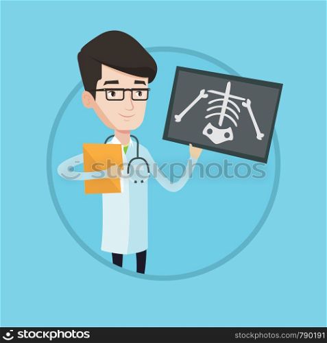 Caucasian doctor examining a radiograph. Young smiling doctor looking at chest radiograph. Doctor observing a skeleton radiograph. Vector flat design illustration in the circle isolated on background.. Doctor examining radiograph vector illustration.