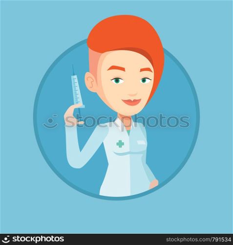Caucasian doctor holding medical injection syringe. Doctor standing with syringe. Doctor holding a syringe ready for injection. Vector flat design illustration in the circle isolated on background.. Doctor holding syringe vector illustration.