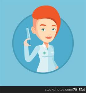 Caucasian doctor holding medical injection syringe. Doctor standing with syringe. Doctor holding a syringe ready for injection. Vector flat design illustration in the circle isolated on background.. Doctor holding syringe vector illustration.
