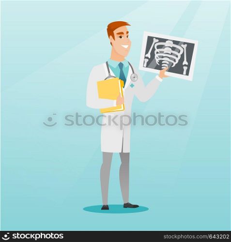 Caucasian doctor in a medical gown examining a radiograph. Young smiling doctor looking at a chest radiograph. Doctor observing a skeleton radiograph. Vector flat design illustration. Square layout.. Doctor examining a radiograph vector illustration.