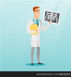 Caucasian doctor in a medical gown examining a radiograph. Young smiling doctor looking at a chest radiograph. Doctor observing a skeleton radiograph. Vector flat design illustration. Square layout.. Doctor examining a radiograph vector illustration.