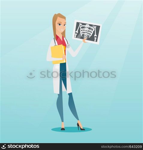 Caucasian doctor in a medical gown examining a radiograph. Young smiling doctor looking at a chest radiograph. Doctor observing a skeleton radiograph. Vector flat design illustration. Square layout.. Doctor examining radiograph vector illustration.