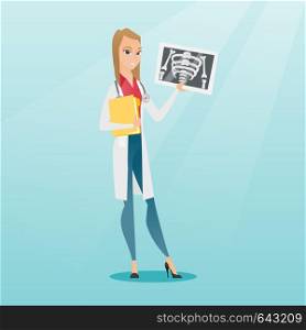Caucasian doctor in a medical gown examining a radiograph. Young smiling doctor looking at a chest radiograph. Doctor observing a skeleton radiograph. Vector flat design illustration. Square layout.. Doctor examining radiograph vector illustration.