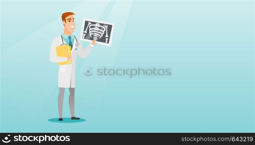Caucasian doctor in a medical gown examining a radiograph. Young doctor looking at a chest radiograph. Doctor observing a skeleton radiograph. Vector flat design illustration. Horizontal layout.. Doctor examining a radiograph vector illustration.