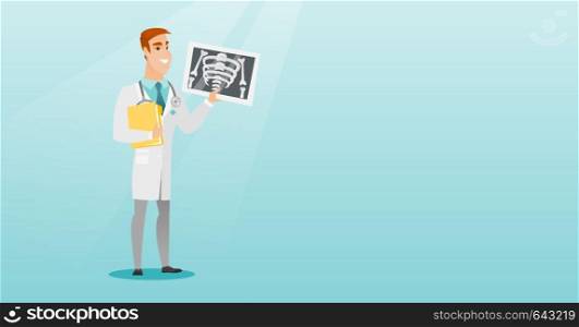 Caucasian doctor in a medical gown examining a radiograph. Young doctor looking at a chest radiograph. Doctor observing a skeleton radiograph. Vector flat design illustration. Horizontal layout.. Doctor examining a radiograph vector illustration.