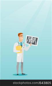 Caucasian doctor in a medical gown examining a radiograph. Young smiling doctor looking at a chest radiograph. Doctor observing a skeleton radiograph. Vector flat design illustration. Vertical layout.. Doctor examining a radiograph vector illustration.