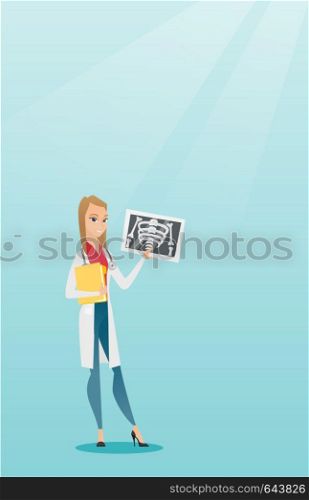 Caucasian doctor in a medical gown examining a radiograph. Young smiling doctor looking at a chest radiograph. Doctor observing a skeleton radiograph. Vector flat design illustration. Vertical layout.. Doctor examining radiograph vector illustration.