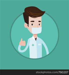 Caucasian doctor in mask giving thumbs up. Doctor in medical gown showing thumbs up gesture. Doctor with gesture thumb up. Vector flat design illustration in the circle isolated on background.. Doctor giving thumbs up vector illustration.