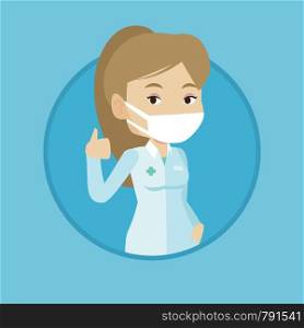Caucasian doctor in mask giving thumbs up. Female doctor in medical gown showing thumbs up gesture. Doctor with gesture thumb up. Vector flat design illustration in the circle isolated on background.. Doctor giving thumbs up vector illustration.
