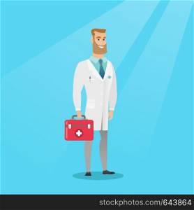 Caucasian doctor in medical gown holding a first aid box. Friendly doctor in uniform standing with a first aid kit. Doctor carrying a first aid box. Vector flat design illustration. Square layout.. Doctor holding first aid box vector illustration.
