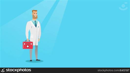 Caucasian doctor in medical gown holding a first aid box. Friendly doctor in uniform standing with a first aid kit. Doctor carrying a first aid box. Vector flat design illustration. Horizontal layout.. Doctor holding first aid box vector illustration.