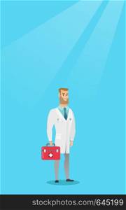 Caucasian doctor in medical gown holding a first aid box. Friendly doctor in uniform standing with a first aid kit. Doctor carrying a first aid box. Vector flat design illustration. Vertical layout.. Doctor holding first aid box vector illustration.