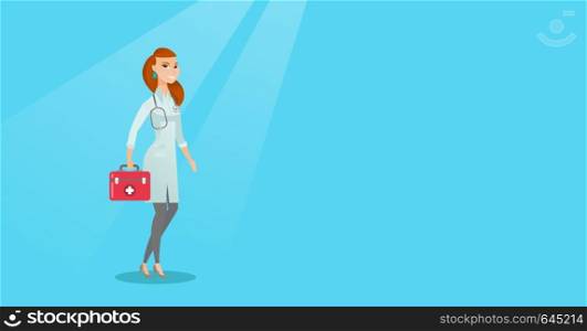 Caucasian doctor in medical gown holding a first aid box. Friendly doctor in uniform standing with a first aid kit. Doctor carrying a first aid box. Vector flat design illustration. Horizontal layout.. Doctor holding first aid box vector illustration.