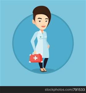 Caucasian doctor in medical gown holding first aid box. Young doctor standing with first aid kit. Doctor carrying first aid box. Vector flat design illustration in the circle isolated on background.. Doctor holding first aid box vector illustration.